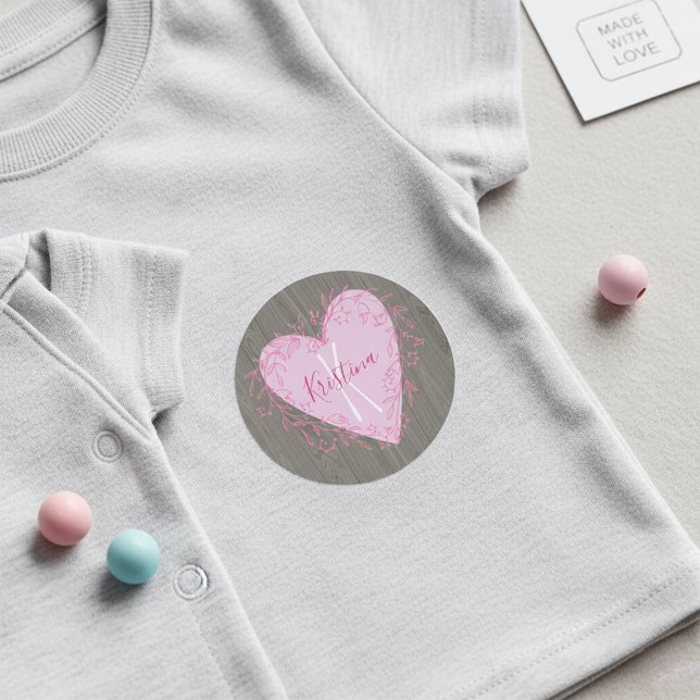 Cute Pink Heart Floral Doodle Rustic Wood Name Kids' Labels (Creator Uploaded)
