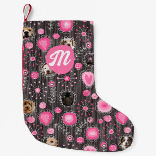 Cute Pink Heart Flower Monogram Dog Photo Collage Small Christmas Stocking
