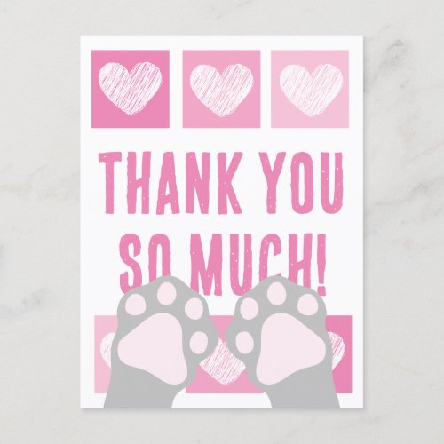 Cute Pink Heart Gray Cat Paws Thank You Postcard