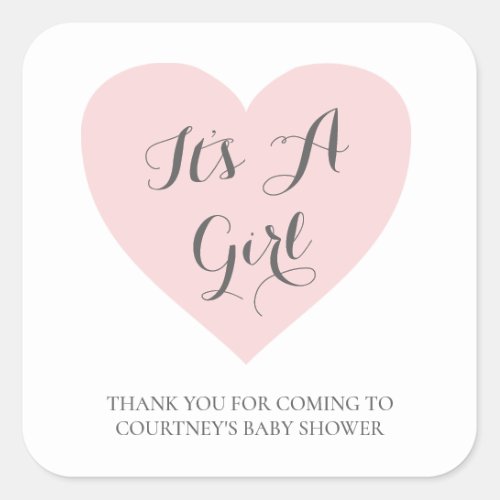 Cute Pink Heart Its A Girl Baby Shower Square Sticker