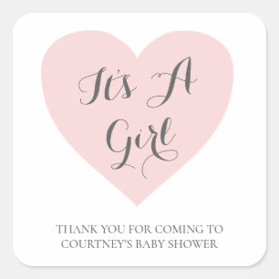 Cute Pink Heart Its A Girl Baby Shower Square Sticker