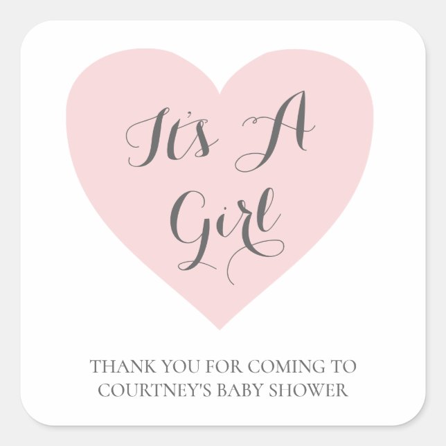 Cute Pink Heart Its A Girl Baby Shower Square Sticker (Front)