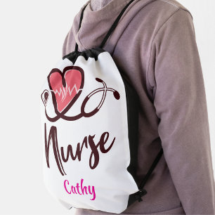 Cute Pink Heart lifeline Nurse Personalize Drawstring Bag