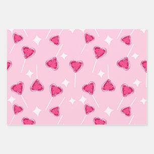 Cute Pink Heart Lollipop Seamless Pattern Wrapping Paper Sheets