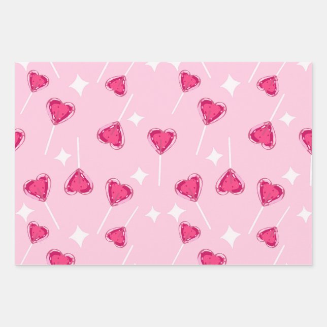 Cute Pink Heart Lollipop Seamless Pattern Wrapping Paper Sheets (Front)