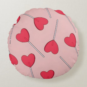 Cute Pink Heart Lollipops Seamless Pattern Round Pillow