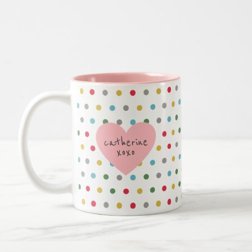 Cute Pink Heart Name Multicolor Dots Two_Tone Coffee Mug