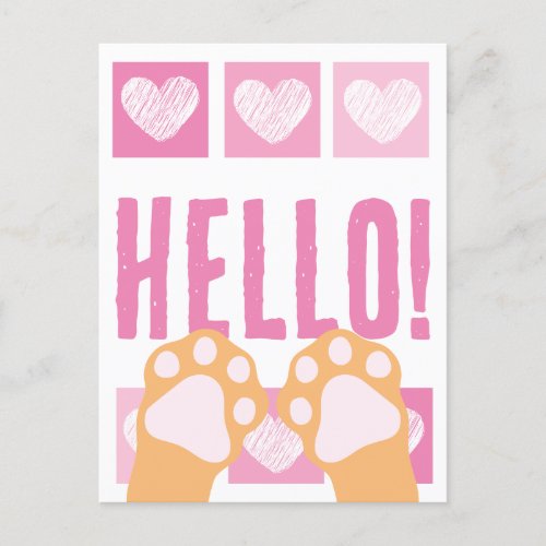 Cute Pink Heart Orange Cat Paws Hello Postcard