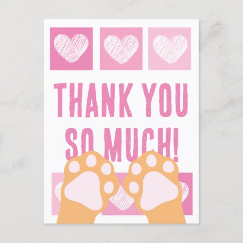 Cute Pink Heart Orange Cat Paws Thank You Postcard