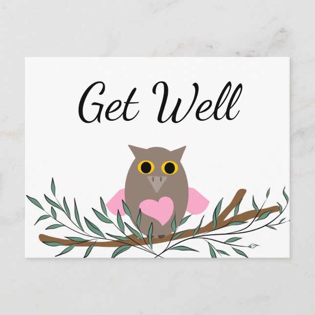 Cute Pink Heart Owl Branch Get Well Script Postcard (Front)