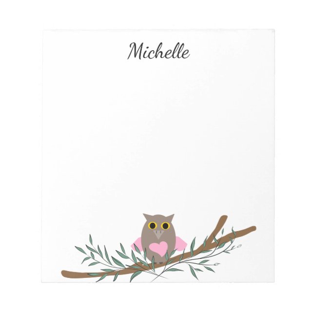 Cute Pink Heart Owl On Branch Personalized Name  Notepad (Front)