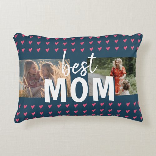 Cute Pink Heart Pattern Best Mom 2 Photo Accent Pillow - Cute Pink Heart Pattern Best Mom 2 Photo Pillow. Hand-drawn pink hearts with dots on dark blue. Add your photos. Sweet keepsake for a mother for Mother`s day.