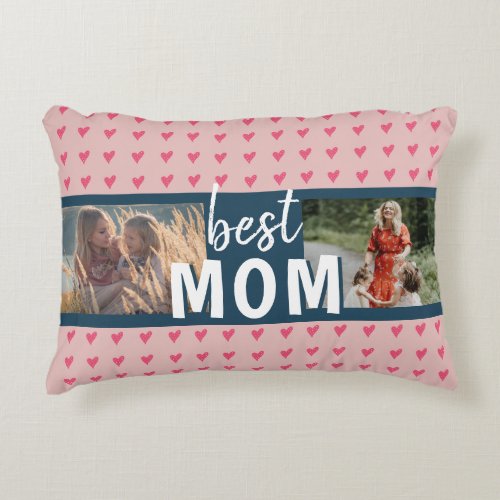 Cute Pink Heart Pattern Best Mom 2 Photo Accent Pillow - Cute Pink Heart Pattern Best Mom 2 Photo pillow. Hand-drawn pink hearts with dots on pink. Add your photos. You can change the text. Sweet keepsake for a mother for Mother`s day.