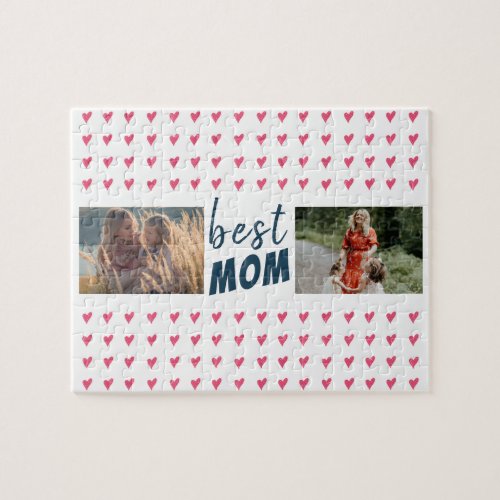 Cute Pink Heart Pattern Best Mom 2 Photo Jigsaw Puzzle - Cute Pink Heart Pattern Best Mom 2 Photo puzzle. Hand-drawn pink hearts with dots. Add your photos. You can change the text. Sweet keepsake for a mother for Mother`s day.