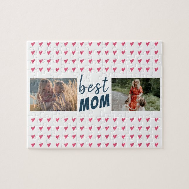 Cute Pink Heart Pattern Best Mom 2 Photo Jigsaw Puzzle (Horizontal)
