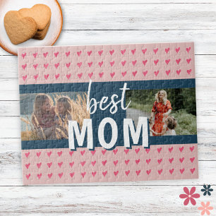Cute Pink Heart Pattern Best Mom 2 Photo Jigsaw Puzzle