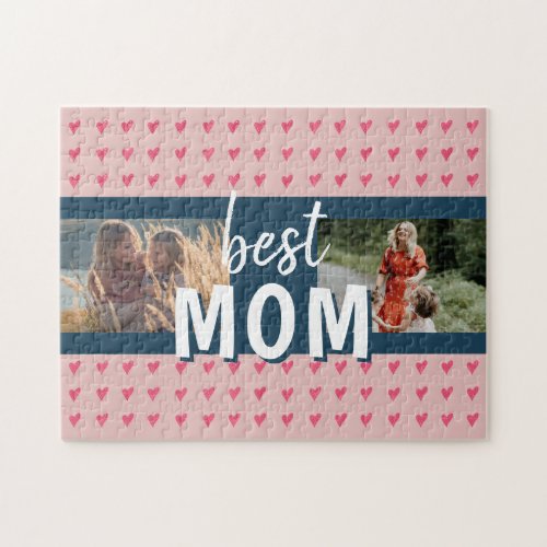 Cute Pink Heart Pattern Best Mom 2 Photo  Jigsaw Puzzle - Cute Pink Heart Pattern Best Mom 2 Photo puzzle. Hand-drawn pink hearts with dots on pink. Add your photos. You can change the text. Sweet keepsake for a mother for Mother`s day.