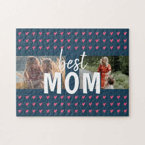 Cute Pink Heart Pattern Best Mom 2 Photo Jigsaw Puzzle - Cute Pink Heart Pattern Best Mom 2 Photo puzzle. Hand-drawn pink hearts with dots on dark blue. Add your photos. You can change the text. Sweet keepsake for a mother for Mother`s day.