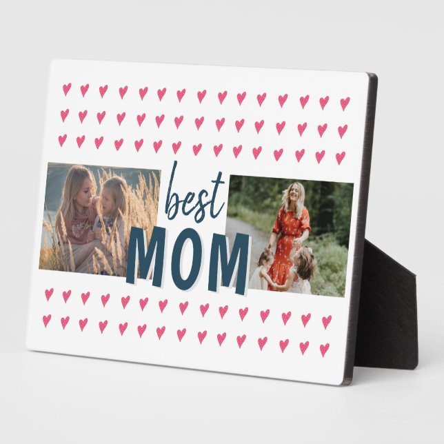 Cute Pink Heart Pattern Best Mom 2 Photo Plaque (Side)