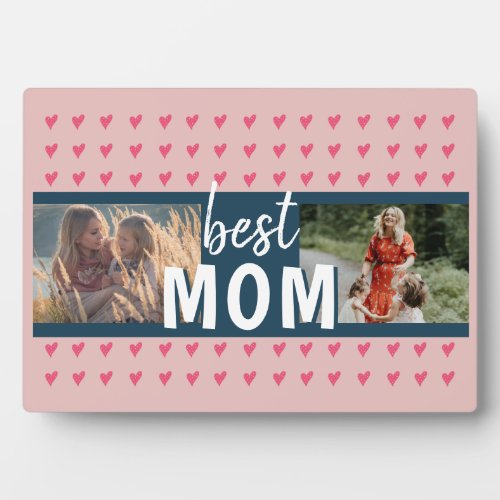 Cute Pink Heart Pattern Best Mom 2 Photo Plaque
