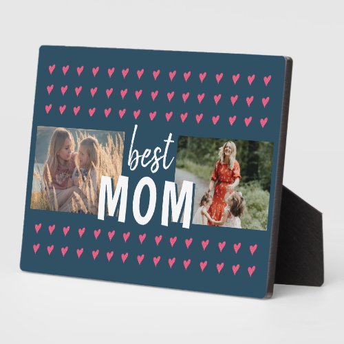 Cute Pink Heart Pattern Best Mom 2 Photo  Plaque - Cute Pink Heart Pattern Best Mom 2 Photo plaque. Hand-drawn pink hearts with dots. Add your photos. You can change the text. Sweet keepsake for a mother for Mother`s day.