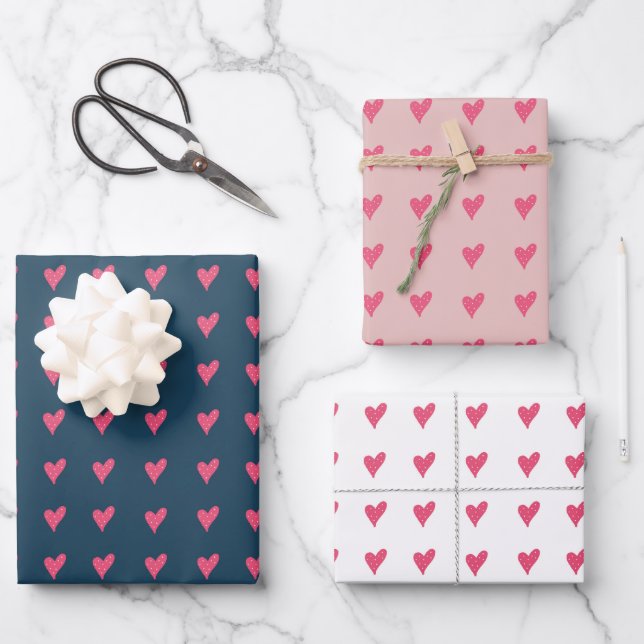 Cute Pink Heart Pattern Hand drawn Wrapping Paper Sheets (Front)