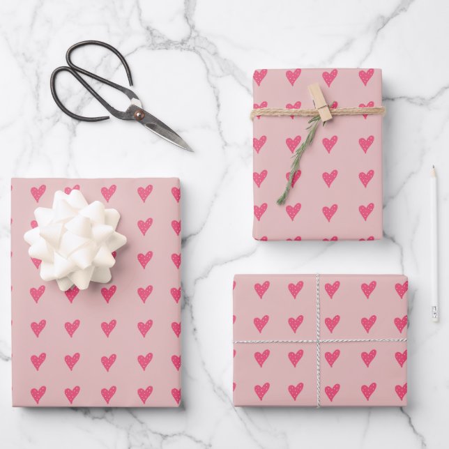 Cute Pink Heart Pattern Hand drawn Wrapping Paper Sheets (Front)