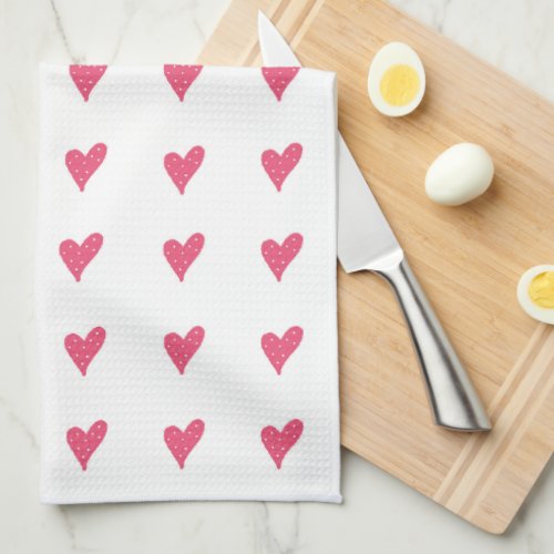 Cute Pink Heart Pattern Valentine`s Day Kitchen Towel - Cute Pink Heart Pattern Valentine`s Day kitchen towel. Hand-drawn pink hearts with dots on white background.