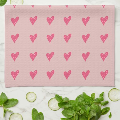 Cute Pink Heart Pattern Valentine`s Day Kitchen Towel - Cute Pink Heart Pattern Valentine`s Day kitchen towel. Hand-drawn pink hearts with dots on pink background.