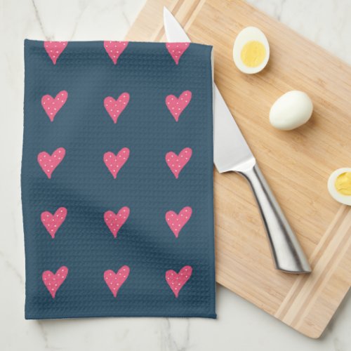 Cute Pink Heart Pattern Valentine`s Day Kitchen Towel - Cute Pink Heart Pattern Valentine`s Day kitchen towel. Hand-drawn pink hearts with dots on dark blue background.