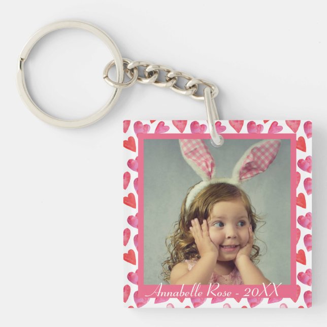 Cute Pink Heart Pattern Valentine's Day Photo  Keychain (Front)