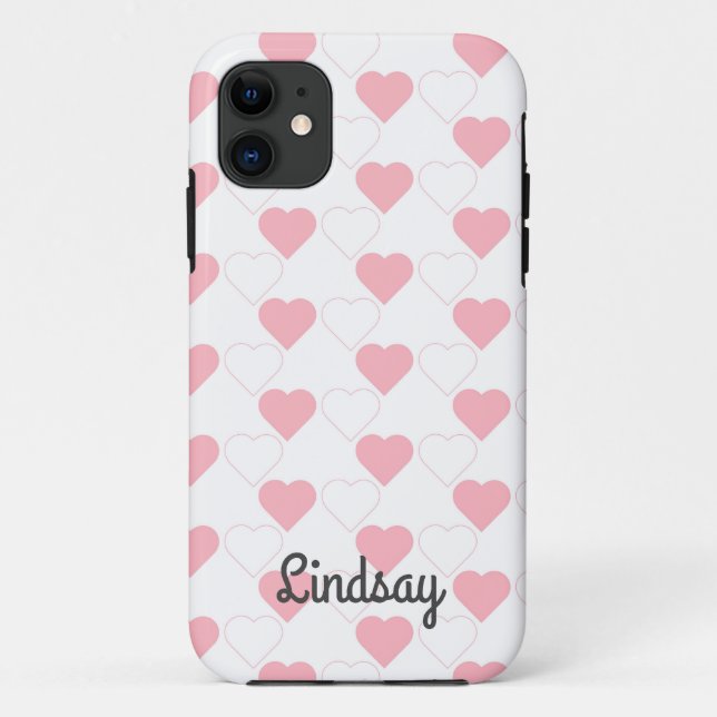 Cute Pink Heart Pattern White Customizable Name Case-Mate iPhone Case (Back)