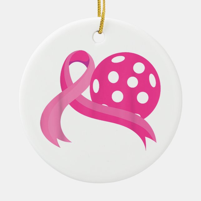 Cute Pink Heart Ribbon Pickleball Breast Cancer Aw Ceramic Ornament (Front)