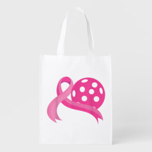 Cute Pink Heart Ribbon Pickleball Breast Cancer Aw Grocery Bag