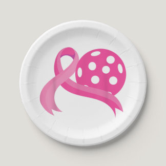 Cute Pink Heart Ribbon Pickleball Breast Cancer Aw Paper Plates