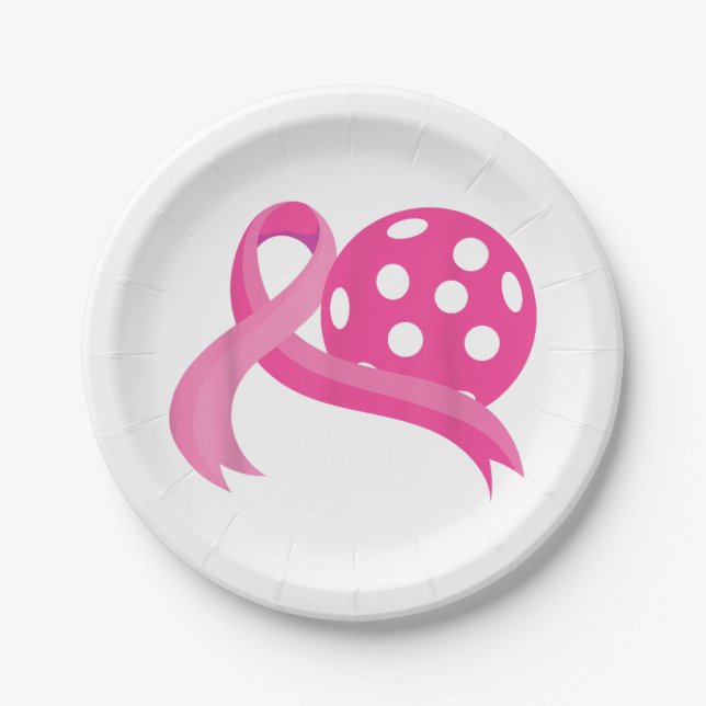 Cute Pink Heart Ribbon Pickleball Breast Cancer Aw Paper Plates (Front)