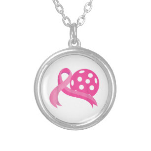 Cute Pink Heart Ribbon Pickleball Breast Cancer Aw Silver Plated Necklace
