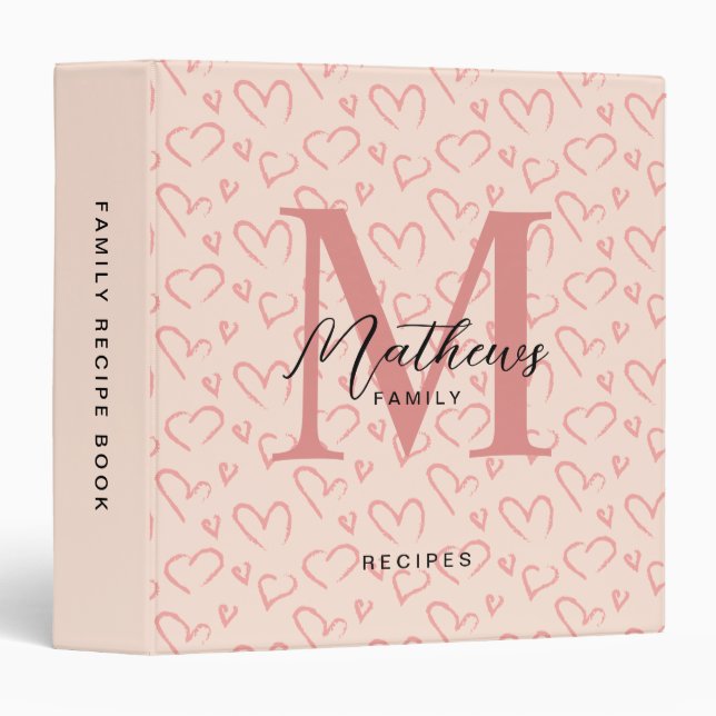 Cute Pink Heart Script Monogram Kitchen Recipe 3 Ring Binder (Front/Spine)
