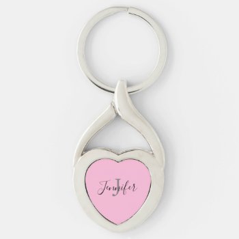 Cute Pink Heart Script Monogram Name Keychain by JennLenayDesigns at Zazzle