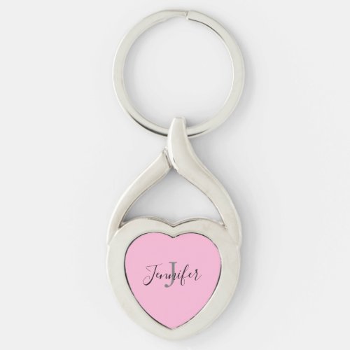 Cute Pink Heart Script Monogram Name Keychain