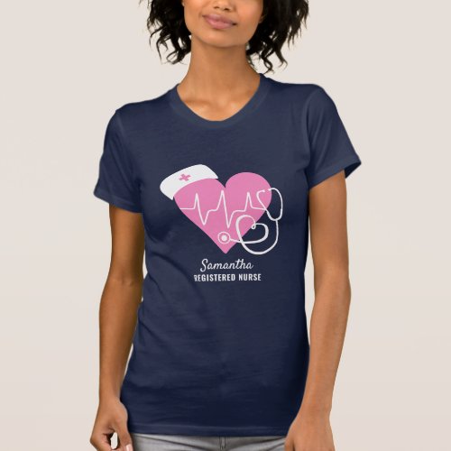 Cute Pink Heart stethoscope medical nurse name T_Shirt