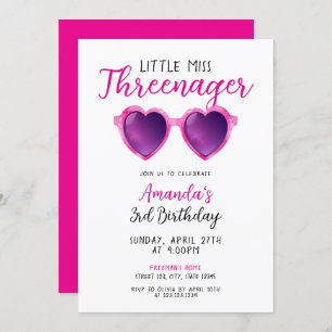 Cute Pink Heart Sunglasses Kids 3rd Birthday Invitation