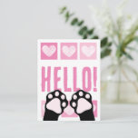Cute Pink Heart With Black Cat Paws Hello Note Card