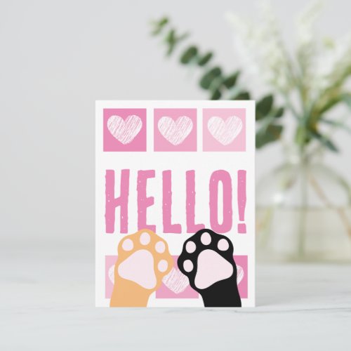 Cute Pink Heart With Calico Cat Paws Hello Note Card