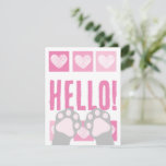 Cute Pink Heart With Gray Cat Paws Hello Note Card