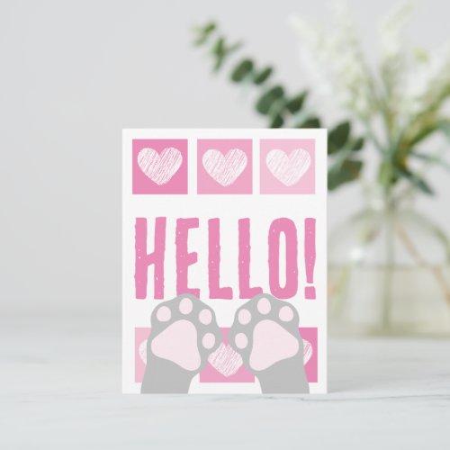 Cute Pink Heart With Gray Cat Paws Hello Note Card