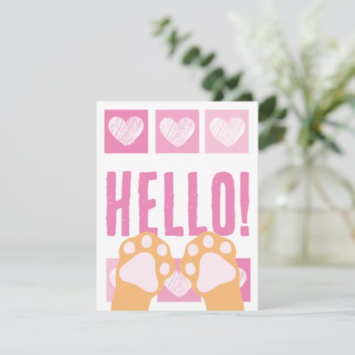 Cute Pink Heart With Orange Cat Paws Hello Note Card