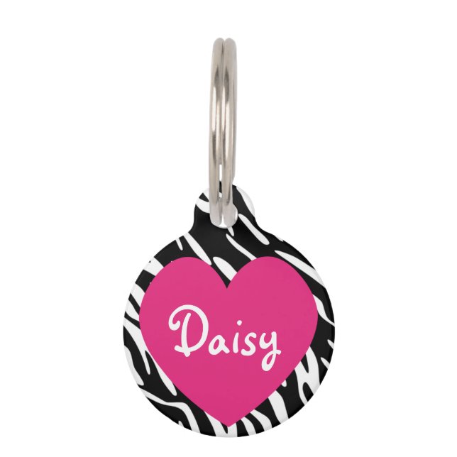 Cute Pink Heart Zebra Print Personalized Pet Tag (Front)