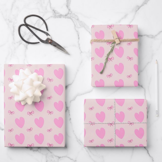 Cute Pink Hearts and Bows Pattern Wrapping Paper (Front)