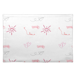 Cute Pink Hearts and Love Doodles Seamless Pattern Cloth Placemat